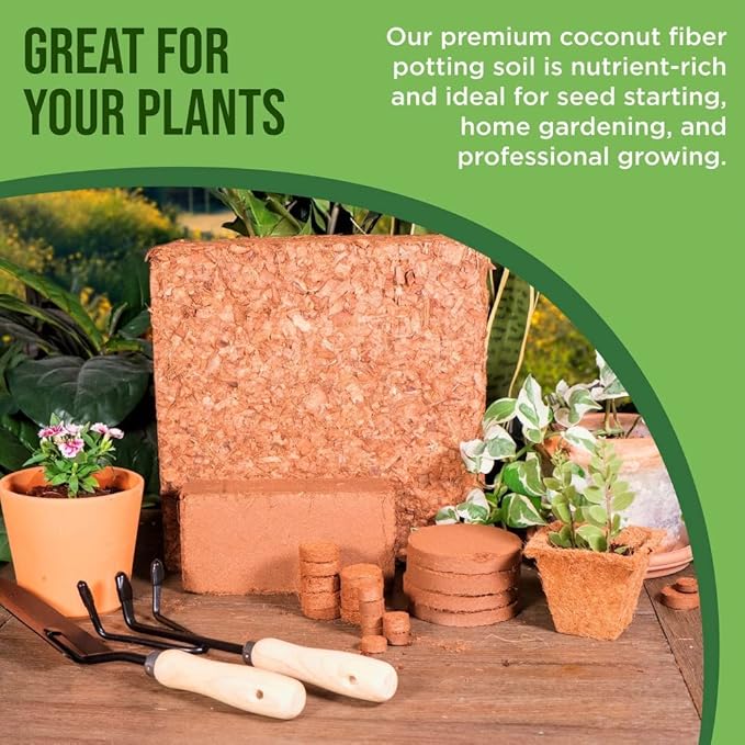 Coco Coir Chips 4-Pack Envelor 2.4 Cu. Ft. Compressed Coconut Coir Bricks 10 lb. Natural Substrate for Indoor Outdoor Coco Chips for Plants Orchid Bark Coco Coir Brick Plant Soil Indoor Potting Mix
