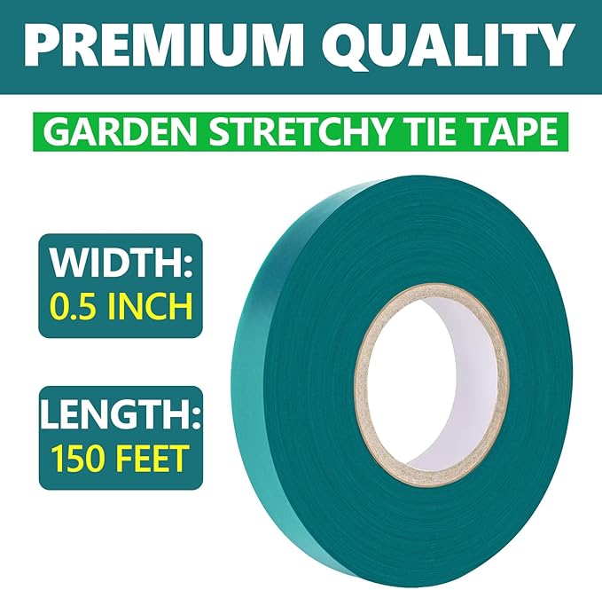 Stretch Tie Tape Roll, 1/2" 150ft Garden Tie Tape, Thick Sturdy Plant Ribbon Garden Green Vinyl Stake Gardening Tools for Indoor Outdoor Patio Plant Use