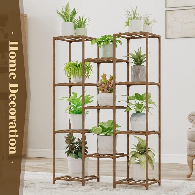 Bamworld Plant Stand Indoor Outdoor Tall Plants Shelf for Multiple Plants Pots Wood Flower Stand Large 11 Pots Plant Holder for Living Room, Patio, Balcony, Garden
