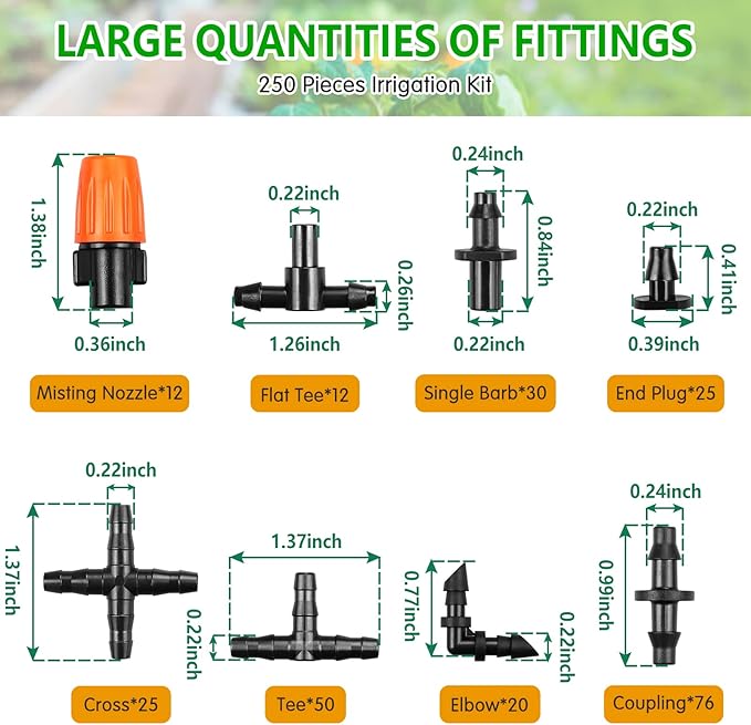 250 Pcs Drip Irrigation Fittings Kit for 1/4" Tubing：Gardrip 1/4 Inch Drip Irrigation Barbed Connectors (Nozzles, Nozzle Tees, Single Barbs, Couplings, Tees, Elbows, Plugs, Crosses) for Garden Systems