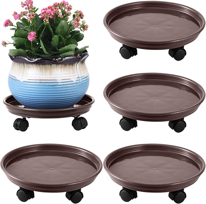 4 Packs Plant Caddy with Wheels 11.8" Plastic Rolling Plant Stands Heavy-Duty Plant Dolly with Casters Indoor Outdoor Plant Roller Base Plant Saucers on Wheels Plant Mover Coaster, Brown