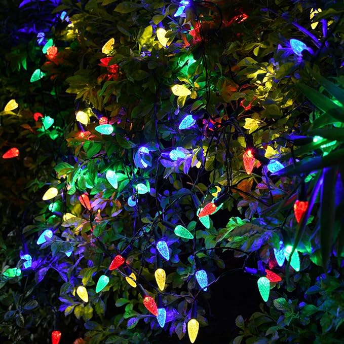 Solar Christmas Lights Outdoor C6 Strawberry String Lights, LED Christmas Fairy Lights 50 LEDs Solar Operated Rechargeable Garden Lights for Christmas Tree, Holiday, Arbor Decor(Multicolor, 8 Modes)