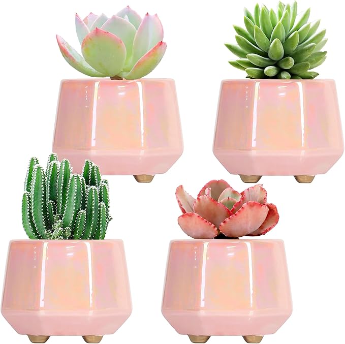 4 Inch Succulent Planter Ceramic Pot for Indoor Plants - Flower Pots with Drainage Hole - Set of 4