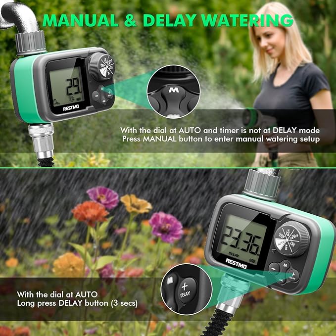 RESTMO Sprinkler Timer, Water Timer for Garden Hose, Outdoor Faucet, Lawn Watering, Automatic Control, Manual Watering, Ball Valve System Compatible with Rain Barrel, Zero/Low Water Pressure Watering