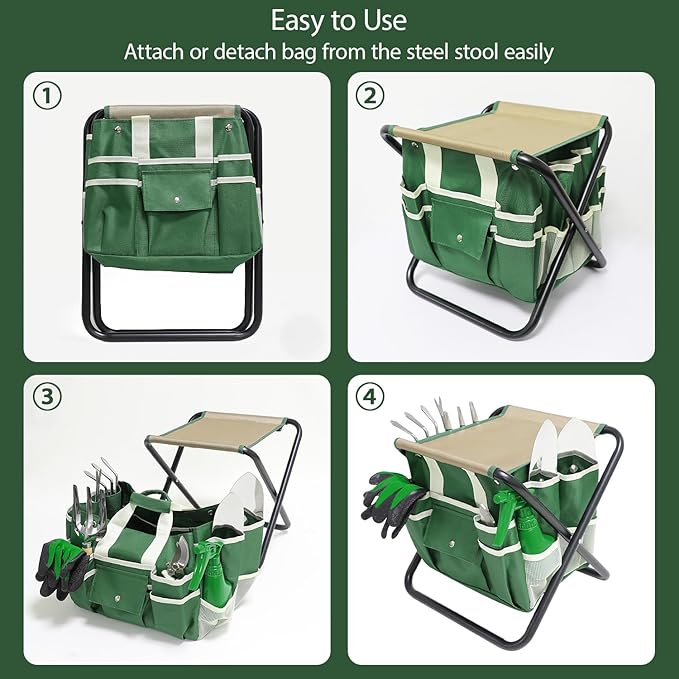 Garden Tool Set, 10 Piece Gardening Kit with Heavy Duty Folding Stool, Gardening Tools with Detachable Storage Tote Bag, Stainless Steel Garden Tools, Gardening Gifts for Women Men Green