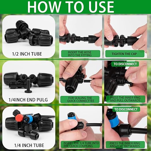 Drip Irrigation System for Garden-Watering - Quick Connector Adjustable Automatic Sprinkler System Kit for Raised Bed Greenhouse Plant with Drip Emitters,1/2" and 1/4" Tubing,Connectors (132FT)
