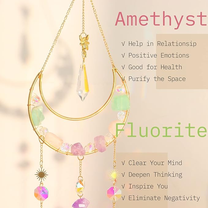 Moon Amethyst Crystals Suncatcher Hanging Windows, Healing Amethyst Fluorite Crystal Decor for Home, Gift for Christmas Birthday Valentine Mothers Day and More (Style 3)