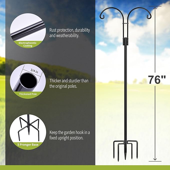 XDW-GIFTS Double Shepherds Hooks for Outdoor, 2-Pack Heavy Duty Garden Pole for Hanging Bird Feeder, Plant Baskets, Solar Light Lanterns, Garden Plant Hanger Stands with 5 Base Prongs