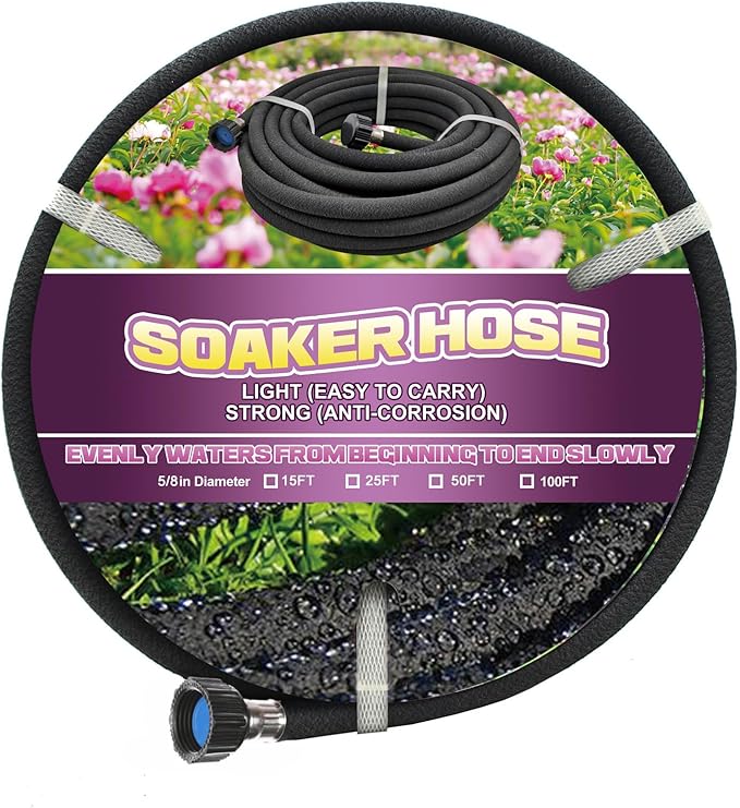 Soaker Hose 50ft - Garden Rubber Soaking Drip Hoses 5/8" Saving 70% Water Garden Hose, Drip Irrigation Round Hose for Lawn Yard, flower beds