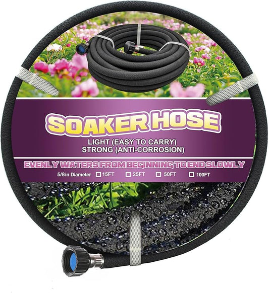 Soaker Hose 50ft - Garden Rubber Soaking Drip Hoses 5/8" Saving 70% Water Garden Hose, Drip Irrigation Round Hose for Lawn Yard, flower beds
