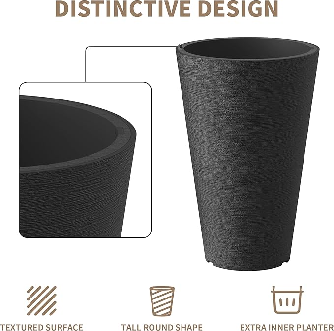 Kante Tall Round Planter Set of 2, 15 Inch Tall Decorative Planter Pots for Outdoor Indoor Garden Patio Front Porch (Black)