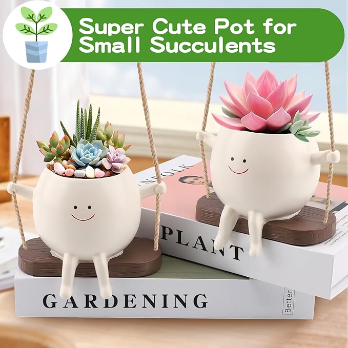 Swing Face Planter Pot, Hanging Planters for Indoor Plants, Cute Pot, Hanging Planter, Hanging Pots for Plants Indoor, Hanging Pot for String of Pearls Plant Live,Resin Succulents Plants Pot
