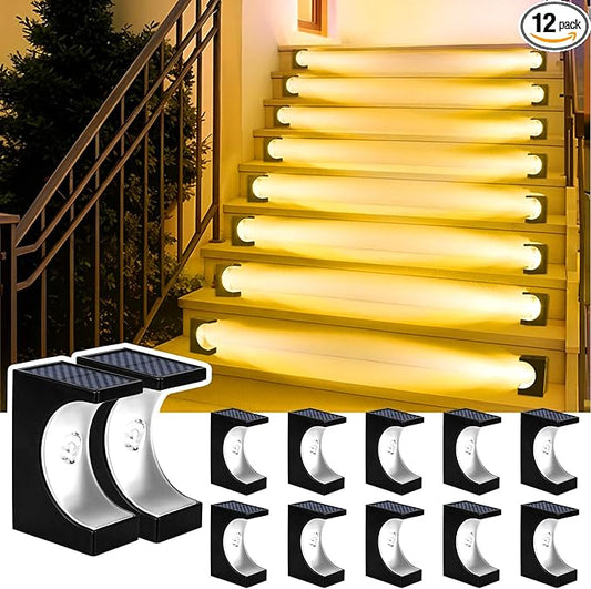 JSOT Solar Step Lights Outdoor - 12 Pack Waterproof Stair Light Outside Warm White Light Deck Lighting for Patio Stairs Garden Decor