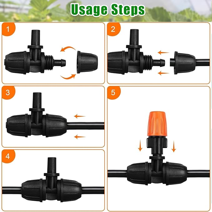 JAYEE Drip Irrigation Fittings 1/4 Inch Tubing to 6mm Flat Mouth, 25 Pcs Locked Barbed Tee Connectors for 1/4" Nozzle Spray Emitter Dripper, 3-Way Tee Drip Line Parts for Drip Sprinkler System, Black