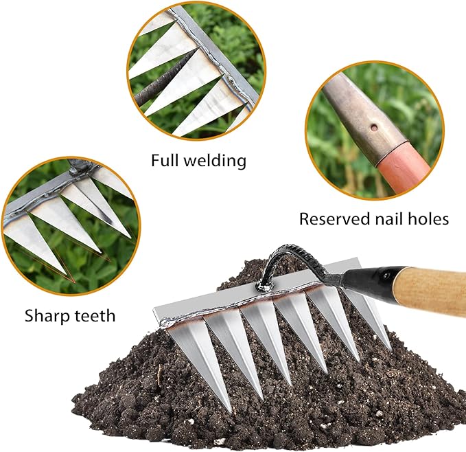 Iron Rake for Gardening and Weeding - Heavy Duty Garden Tool, Carbon Steel Hand Rake for Sturdy Dethatching, Heavy Duty Rake 6 Toothed Steel (Without Stick)