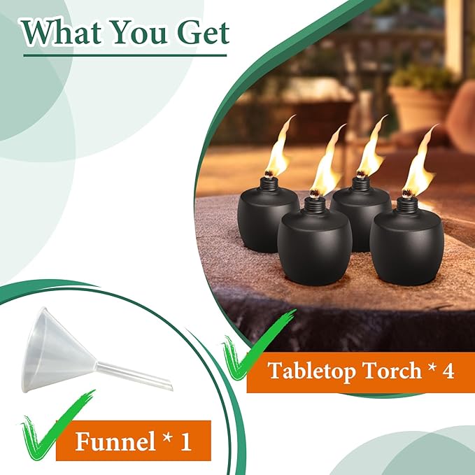 4-Pack Citronella Tabletop Torches, MQKIWAO 21 oz Table Top Torches for Outdoor, Metal Oil Burner Candles, Garden Torches with Fiberglass Wick for Yard, Patio, Deck, Garden, Party, Landscape