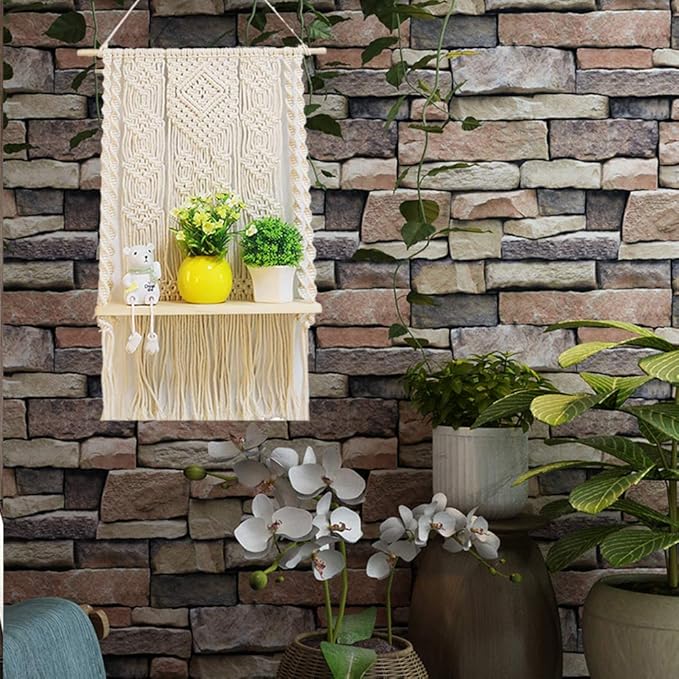 AMIAEDU Macrame Wall Hanging Shelf, Handmade Indoor Boho Pot Basket Hanger Holder, Rope Plant Hanger for Wall Decor (White)