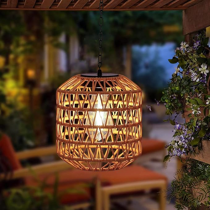 Solar Pendant Light Outdoor,Chandelier Hanging Lantern with Edison Bulb,Boho Solar Powered Lamps IP44 Waterproof for Gazebo Tree Porch Yard Porch Patio Garden Backyard Decorative