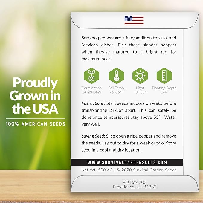 Survival Garden Seeds Serrano Pepper Seeds for Planting – 5 Packs with Instructions to Grow Spicy Mexican Peppers in Your Home Vegetable Garden – Non-GMO Heirloom Variety Seeds