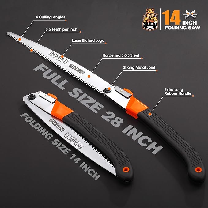 REXBETI Folding Saw, Extra Long 14 Inch Blade Backpacking Saw for Hiking Camping, Dry Wood Trimming Pruning Saw With 4 Cutting Angle Hard Teeth, Large Folding Saw with SK-5 Steel