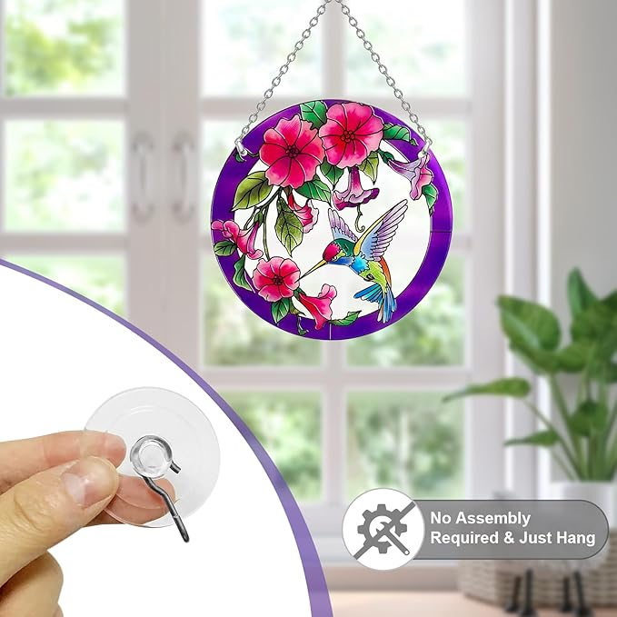 Stained Glass Window Hanging, Hummingbird Gifts for Women, Bird and Flowers Suncatcher for Window, 6" Purple Stained Glass Suncatchers, Hand Painted Glass for Birds Lover (6 inch)
