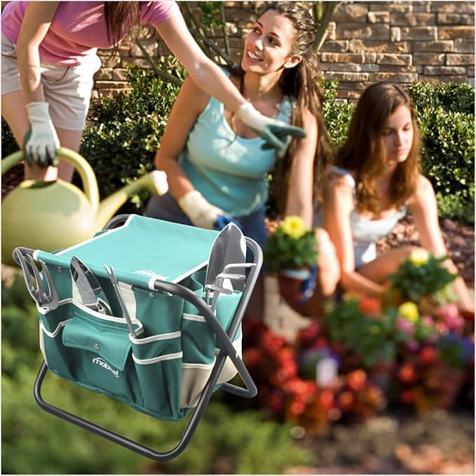 Garden Tools Sets- Heavy Duty Gardening Gift Tool Kit Including Folding Stool with Tool Bag 5 Sturdy Stainless Steel Tools(Gardening Trowel Trans-Planter Weeder & Rake) for Women Men