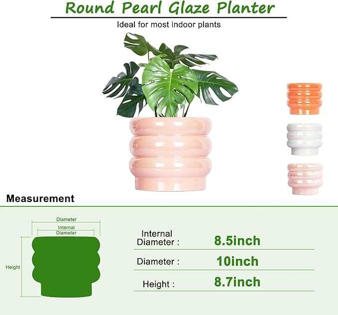 10 inch Ceramic Plant Pots for Indoor Plants, Rainbow Pearl Glaze Planter with Planters for Plants with Drainage Hole, Orchid Pots, Succulent Pot, Large Flower Pot (Pink)