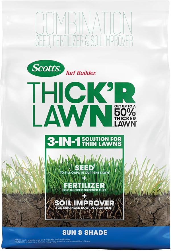 Scotts Turf Builder THICK'R LAWN Grass Seed, Fertilizer, and Soil Improver for Sun & Shade, 1,200 sq. ft., 12 lbs.