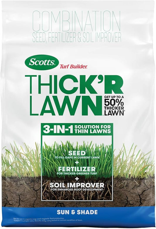 Scotts Turf Builder THICK'R LAWN Grass Seed, Fertilizer, and Soil Improver for Sun & Shade, 1,200 sq. ft., 12 lbs.