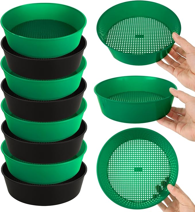 8PCS Soil Sifter for Gardening Plastic Soil Sifting Pan Round Sifter for Rocks Set Soil Sieve Sifter, Soil Sifting Pan Rock Garden Sieve Soil Sifter for Small Gravel, Soil, Sand