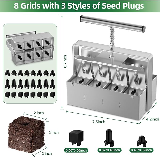 Soil Blocker 2 Inch 8 Cell Upgraded Soil Block Maker Heavy Duty with Comfortable Handle and 3 Sizes Seed Pins Handheld Soil Blocking Tool for Seed Starting transplanting Germination