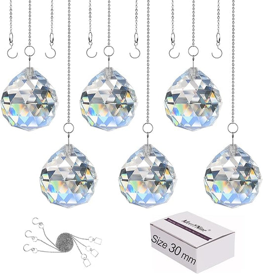 MerryNine 6 Pcs 30mm Clear Crystal Ball Prism Sun Shine Catcher Rainbow Pendants Maker, Hanging Crystals Prisms for Windows, for Feng Shui, for Gift (1.18"/30mm 6Pack)
