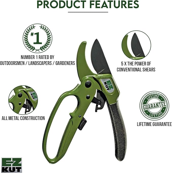EZ Kut Heavy Duty Pruning Shears Green - with Ratcheting Action Great Garden Hand Tool Clippers Gardening pruners arthritis tools Ratcheting Anvil Hand Pruner Pruning Shears Heavy Duty Since 1988