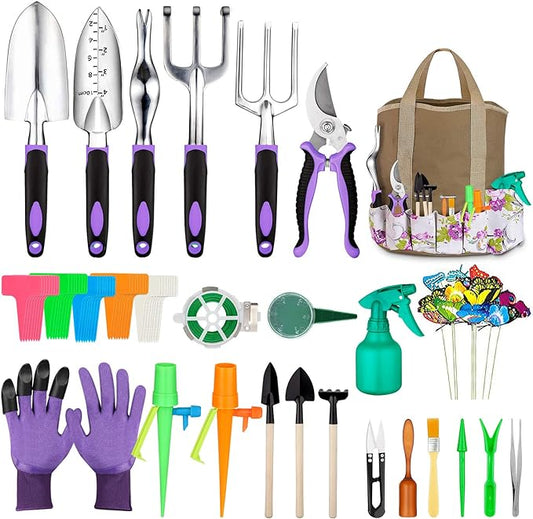 Garden Tools Set 83 Piece, Succulent Tools Set Included, Heavy Duty Aluminum Gardening Tools for Gardening, Non-Slip Ergonomic Handle Tools, Storage Tote Bag, Gifts Tools for Women