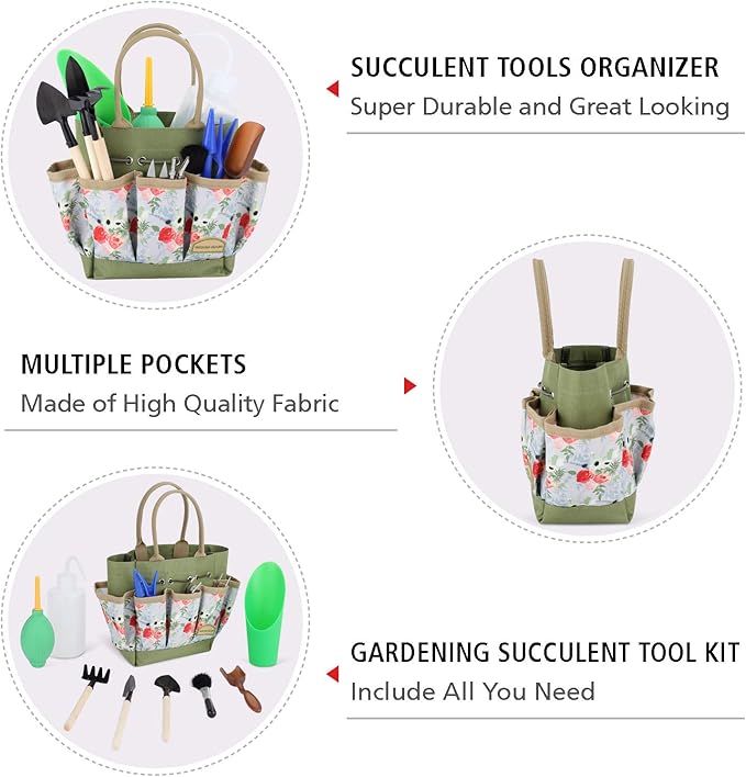 G GOOD GAIN Garden Succulent Kit with Organizer Bag, 14 Pieces Succulent Tools, Indoor Mini Hand Gardening Tools Set with Carrier for Bonsai Planter Miniature Fairy Planting Care(Rose)