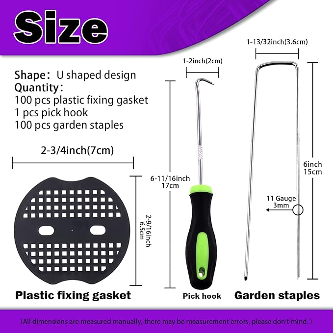 Swpeet 201Pcs U-Shaped Landscape Garden Stakes Staples and Plastic Fixing Gasket with Pick Hook Assortment Kit, Garden Lawn Landscape Staples for Irrigation Hoses, Fixed Fences, Artificial Turf Nails