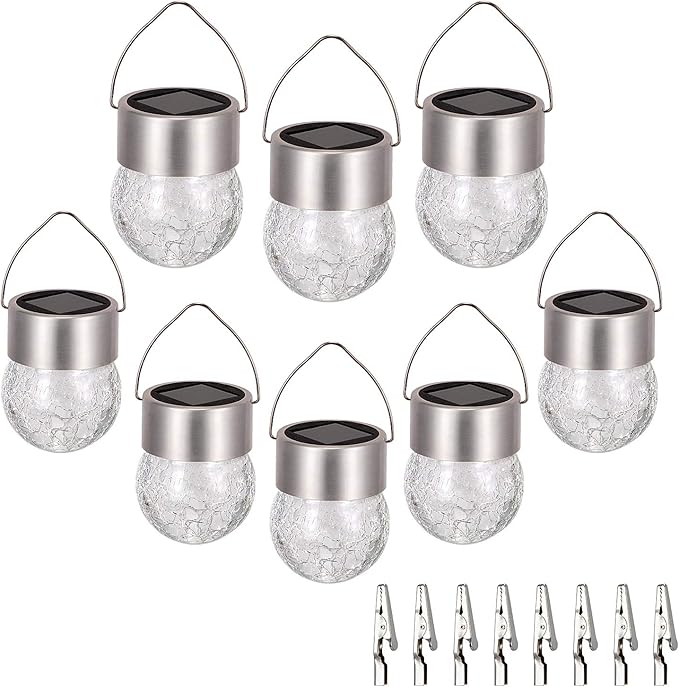 SUNWIND Hanging Solar Ball Lights Outdoor - 8 Pack Cracked Glass Decorative Garden Lights Waterproof Solar Lanterns for Yard, Patio, Fence, Tree, or Holiday Decoration(White)