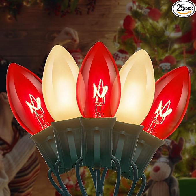 25FT C9 Christmas Outdoor Lights,Red and Frosted White Christmas Lights with 26 Bulbs(1 Spare),Commercial Vintage Red White Christmas Lights for Tree Yard Garden Porch Party