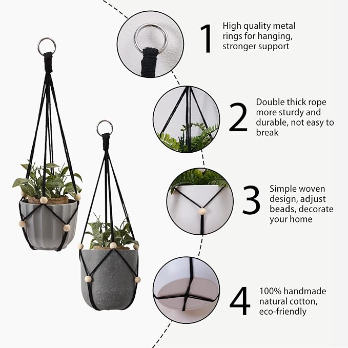 Artilady Black Hanging Planter for Indoor Plants Macrame Plant Hanger Large Hanging Plant Holder Basket with Adjustable Beads Outdoor Window Boho Plant Wall Decor