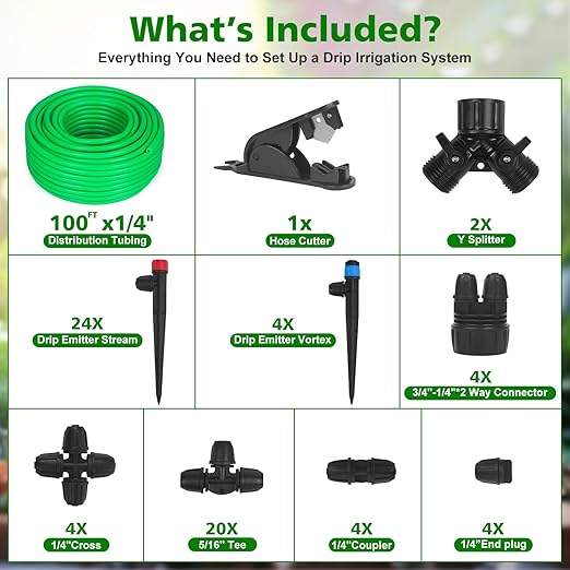 Drip Irrigation System for Gardening 100FT Efficient Watering Kit with Hose Nozzles Easy Installation & Maintenance Ideal for Vegetables Flowers Lawns Durable & Eco-Friendly