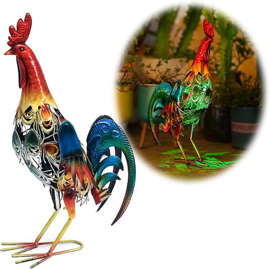 19 Inch Solar Rooster Statue Lights, Metal Yard Art Solar Rooster, Large Rooster Statue Colorful Lights for Garden Lawn Outdoor Decoration Gifts.