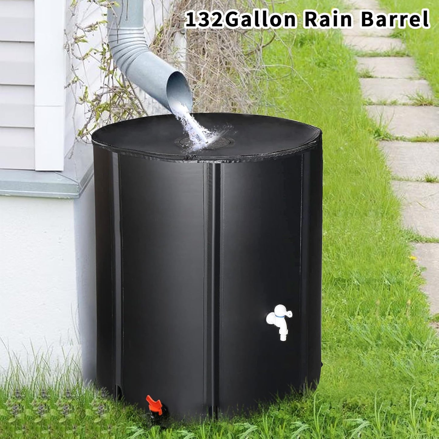 132 Gallon Collapsible Rain Barrel, Portable Rainwater Collection System, Water Storage Tank, Rain Catcher Barrel with Two Spigots and Overflow Kit, Rain Water Barrel Collector for Garden, Black