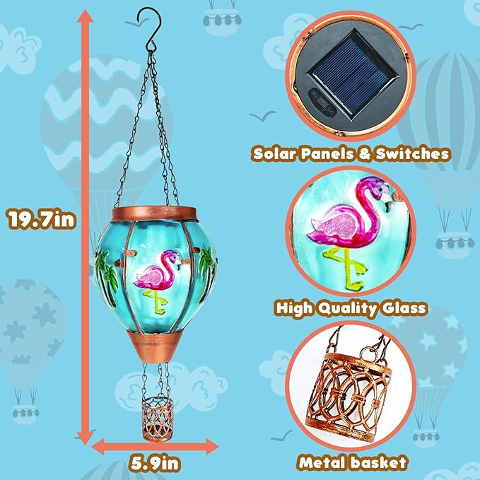 4 Pack Solar Hot Air Balloon Lantern with Flame， Flamingo Glass Solar Outdoor Lights Decorative for Outdoor Patio Garden Decor, Flamingo Gifts for Women Grandma Mom - Flamingo