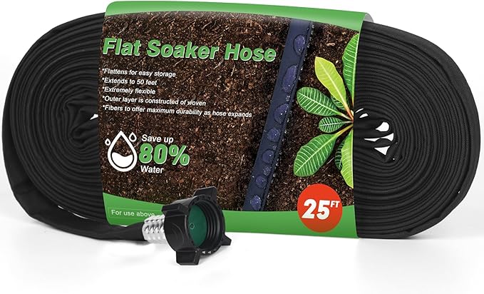 Flat Soaker Hose 25FT,Drip Hose for Garden Beds Linkable Irrigation System Lightweight and Easy Watering for Tree Plant and Save 80% Water for You(25FT)