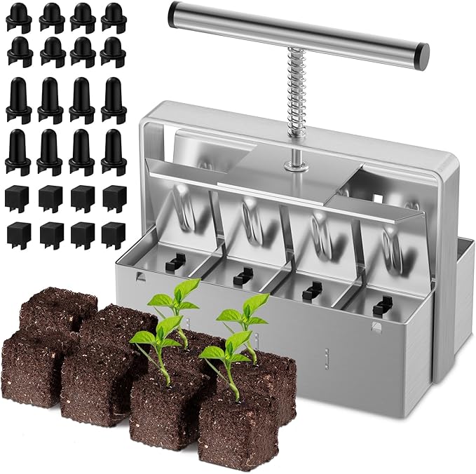 Soil Blocker 2 Inch 8 Cell Upgraded Soil Block Maker Heavy Duty with Comfortable Handle and 3 Sizes Seed Pins Handheld Soil Blocking Tool for Seed Starting transplanting Germination