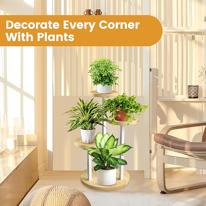 GEEBOBO 3 Tier Plant Stand Indoor, Metal Wood Plant Stands For Indoor Plants Multiple, Corner Tiered Flower Plants Shelf Stand for Living Room Bedroom, White