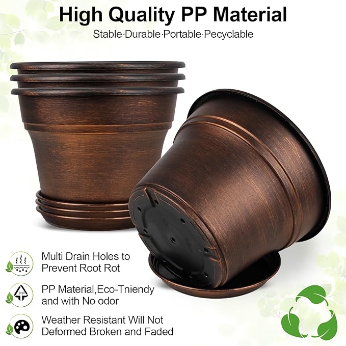 Plant Planters Pots Set of 4 Pack 9 Inch, Plastic Flower Pot for Indoor Plants with Drainage Holes & Trays, Resin Decorative Container Sets with Saucer for House Outdoor Garden Planters Copper