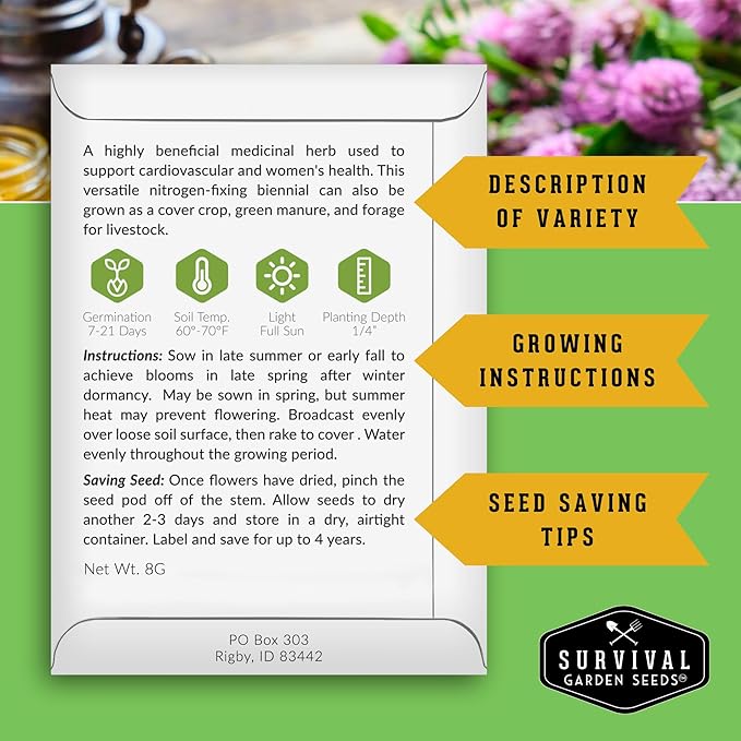 Survival Garden Seeds - Red Clover Seed for Planting - 2 Packets with Instructions to Plant & Grow a Medicinal Herb & Nitrogen Fixing Ground Cover in Your Home Garden - Non-GMO Heirloom Variety