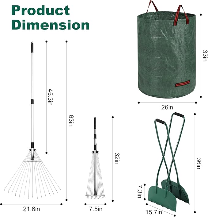Leaf Grabber and Leaf Rake Set Includes Leaf Scoops with Long Handle, Adjustable Metal Leaf Rake, 79 Gallon Reusable Yard Waste Bags and Work Gloves, Leaf Collector Yard Tools