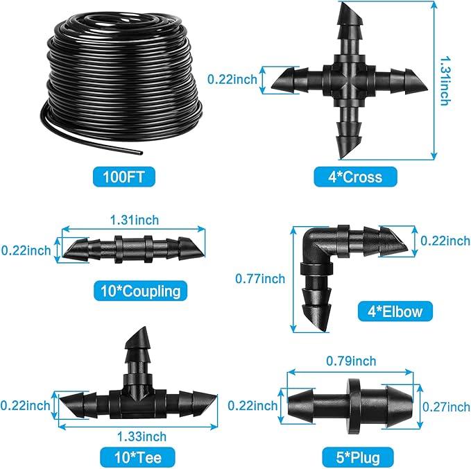 JAYEE 100Ft 1/4 Inch Drip Irrigation Tubing with 33 Pcs Drip Irrigation Parts - 10 Couplings, 10 Tees, 4 Elbows, 4 4-way Couplings, 5 End Plugs - Drip Irrigation Hose Kit for Drip or Sprinkler Systems